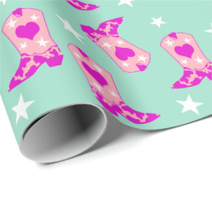 Modern Girly Pink Cowgirl Western Boots Mint Wrapping Paper