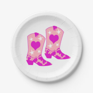 Modern Girly Pink Cowgirl Western Boots White Paper Plate