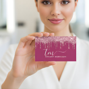 Modern Girly Pink Glitter Drip Monogram Script Business Card
