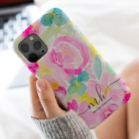 Modern girly pink loose floral watercolor monogram