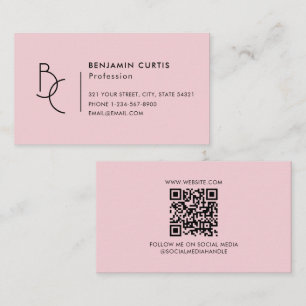 Modern Girly Pink Monogram Minimalist QR Code Business Card
