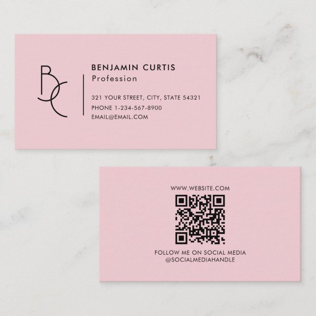 Modern Girly Pink Monogram Minimalist QR Code Business Card (Front/Back)