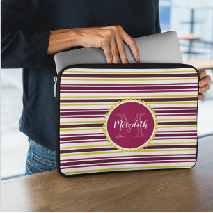 Modern Girly Pink Purple Yellow Stripes Monogram Laptop Sleeve