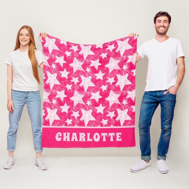 Modern Girly Pink Stars Pattern Personalised Name Fleece Blanket (In Situ)