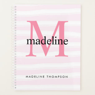 Modern Girly Pink Stripes Monogram Initial name Planner