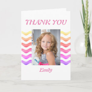 Modern Girly Pink Waves Birthday Photo Thank you Card