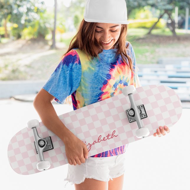 Modern Girly Pink White Chequered Pattern Monogram Skateboard (Modern Girly Pink White Checkered Pattern Monogram Skateboard)