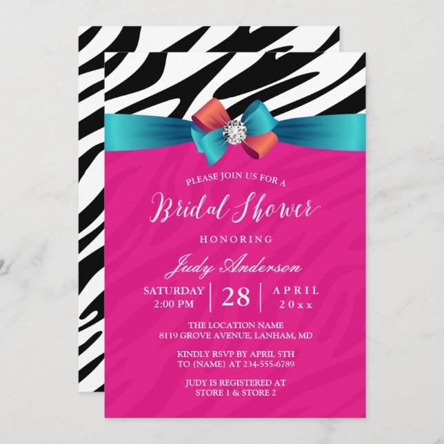 Modern Girly Pink Zebra Print Ribbon Bridal Shower Invitation (Front/Back)