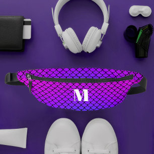 Modern Girly Purple Pink Mermaid Scales Monogram Bum Bags