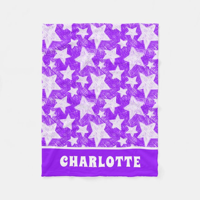 Modern Girly Purple Star Pattern Personalised Name Fleece Blanket (Front)