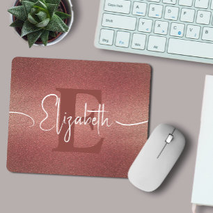 Modern Girly Rose Gold Glitter Monogram Name Mouse Pad