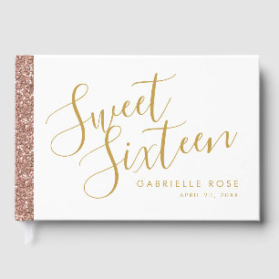 Modern Girly Rose Gold Glitter Stripe Sweet 16 Guest Book