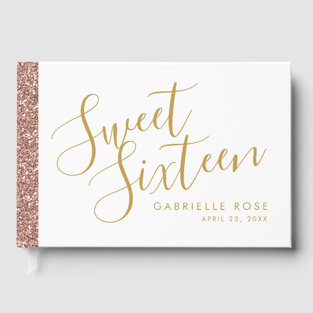 Modern Girly Rose Gold Glitter Stripe Sweet 16 Guest Book (Front)