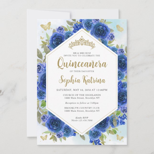 Modern Girly Royal Blue Floral Gold Quinceañera Invitation (Front)