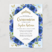Modern Girly Royal Blue Floral Gold Quinceañera