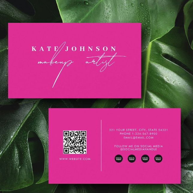 Modern Girly Script QR Code Social Media Pink Business Card (Modern Girly Script QR Code Social Media Pink Business Card)