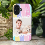 Modern Girly Stripe Heart Photo Personalised Name iPhone 16 Case<br><div class="desc">Modern Girly Stripe Heart Photo Personalised Name iPhone 16 Cases features a colourful stripe pattern in pink, purple, gren and yellow with your favourite photo accented with cute love hearts and personalised with your name in elegant calligraphy script typography. Personalise by editing the text in the text boxes provided. Designed...</div>