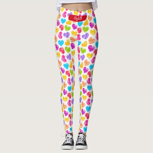 Modern Girly Vibrant Doodled Hearts Pattern Name Leggings (Front)