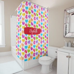 Modern Girly Vibrant Doodled Hearts Pattern Name Shower Curtain