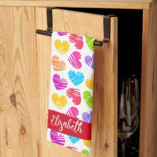 Modern Girly Vibrant Doodled Hearts Pattern Name Tea Towel