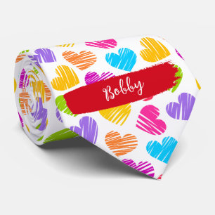 Modern Girly Vibrant Doodled Hearts Pattern Name Tie