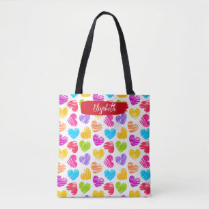 Modern Girly Vibrant Doodled Hearts Pattern Name Tote Bag