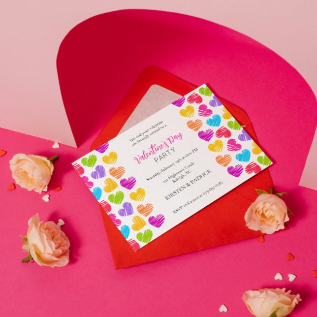 Modern Girly Vibrant Hearts Valentine's Day Party Invitation (Creator Uploaded)