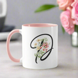 Modern Girly Watercolor Flowers Initial "D"  Mug