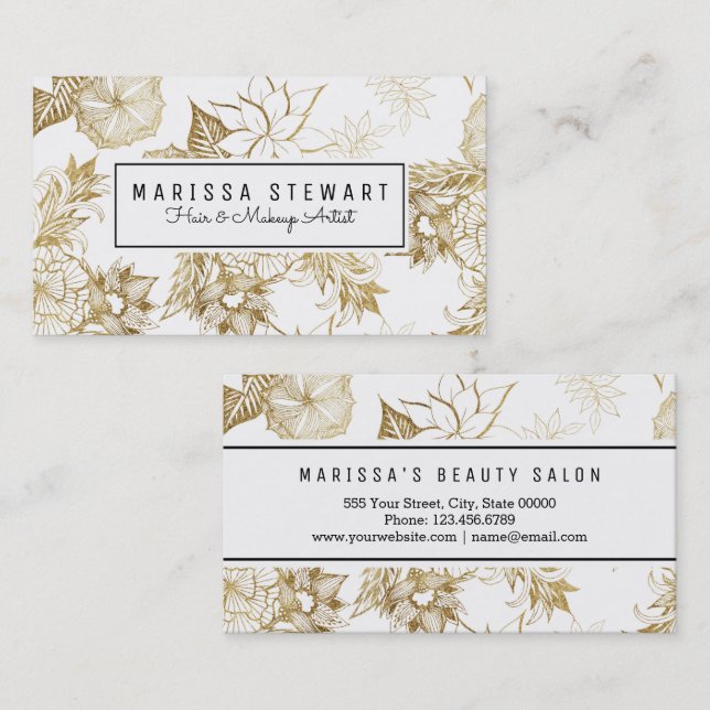 Modern Girly Yellow Gold Floral Illustrations Business Card (Front/Back)