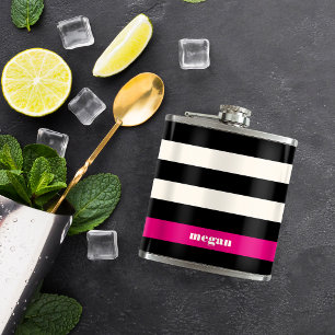 Modern Glam Black, Cream & Fuchsia Stripe Hip Flask