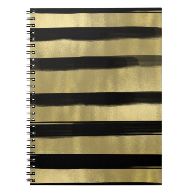 Modern Glam Black & Gold Brush Stroke Stripe Chic Spiral Notebook (Front)