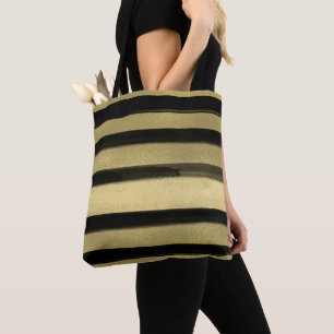 Modern Glam Black & Gold Brush Stroke Stripe Chic Tote Bag