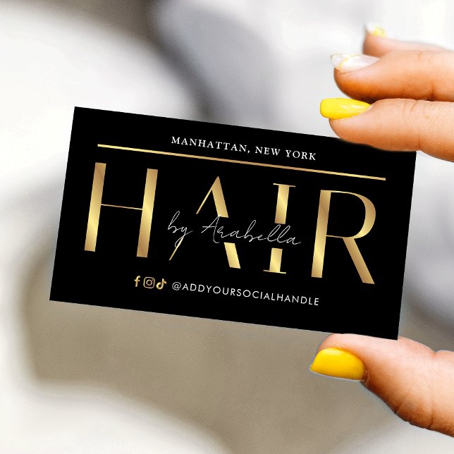 Modern Glam Black & Gold Chic Hair Stylist Salon Business Card (Black and gold modern hair salon business cards with faux gold foil effects and modern layout)