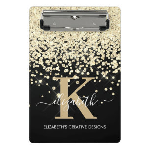 Modern Glam Black Gold Glitter Monogram Signature Mini Clipboard