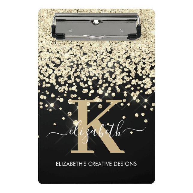 Modern Glam Black Gold Glitter Monogram Signature Mini Clipboard (Front)