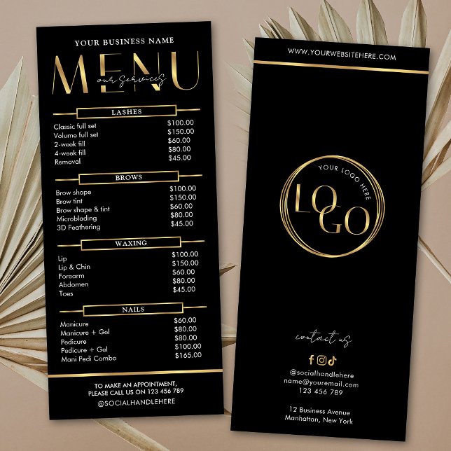 Modern Glam Black Gold Spa Beauty Salon Price List Rack Card (Elegant black and gold business price list menu design with your custom t ext & logo)