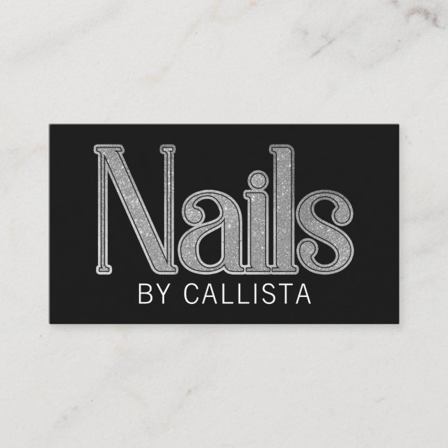 Modern Glam Black Silver Glitter Nails Business Card (Front)