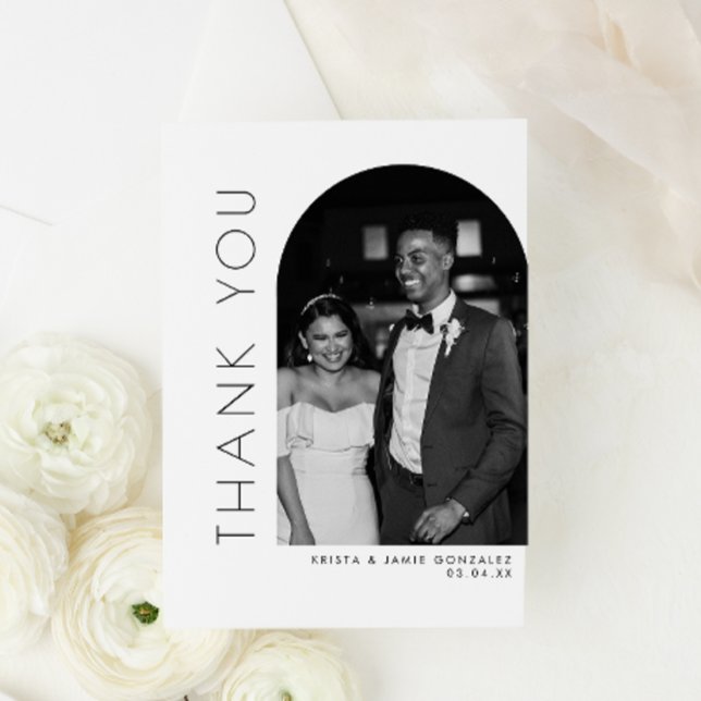 Modern Glam Black & White Arch Photo Wedding Thank You Card (Creator Uploaded)