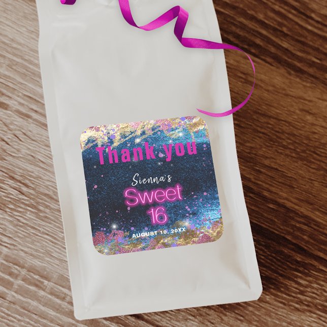 Modern Glam Blue Glitter Hot Neon Pink Sweet 16 Square Sticker (Creator Uploaded)