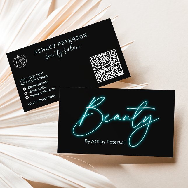 Modern glam blue neon beauty script logo qr code business card (Creator Uploaded)
