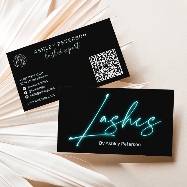 Modern glam blue neon lashes script logo qr code business card (Creator Uploaded)