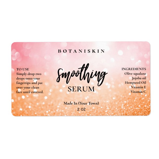 Modern Glam Bokeh Pink Orange Face Serum Labels (Front)