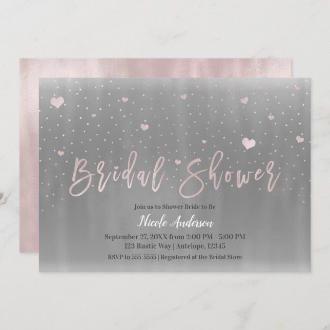 Modern Glam Bridal Shower Silver Grey Pink Hearts Invitation (Front/Back)