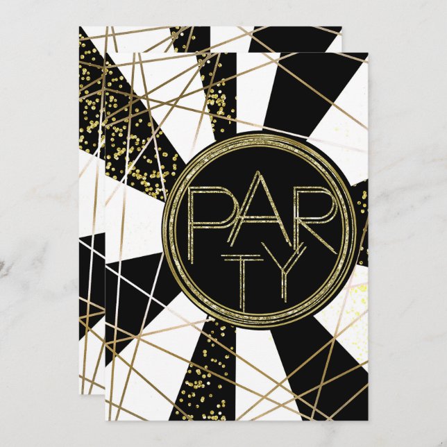 Modern Glam Deco Black White Gold Birthday PARTY Invitation (Front/Back)