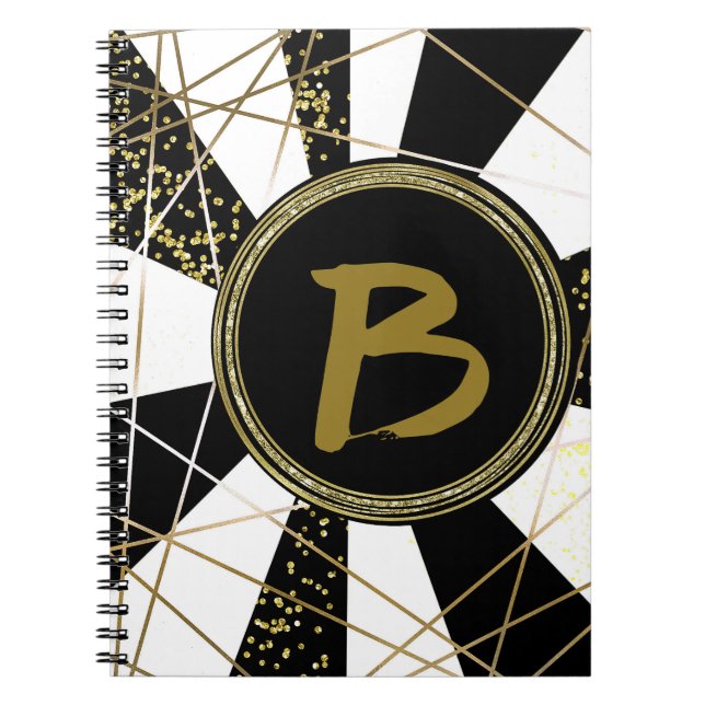 Modern Glam Deco Black White Gold Girly Unique Spiral Notebook (Front)