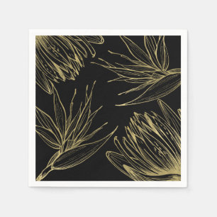 Modern Glam Gold & Black Tropical Botanical Floral Napkin