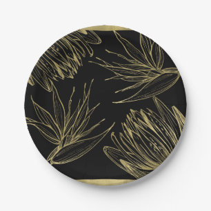 Modern Glam Gold & Black Tropical Botanical Floral Paper Plate