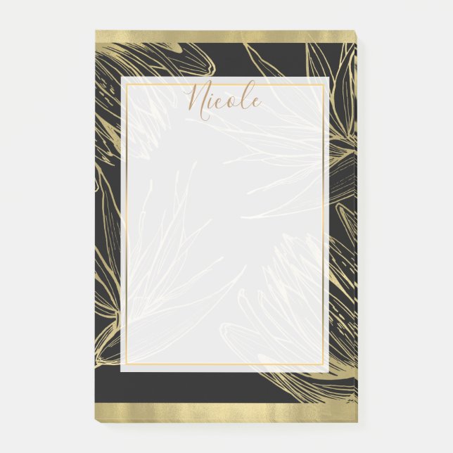 Modern Glam Gold & Black Tropical Botanical Floral Post-it Notes (Front)