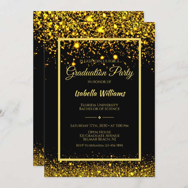Modern Glam Gold Glitter Graduation Party Invitation (Front/Back)