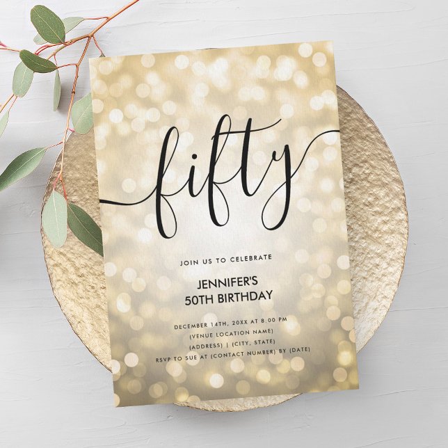 Modern Glam Gold Glitter Lights 50th Birthday  Invitation (Modern Glam Gold Glitter Lights 50th Birthday Invitation)
